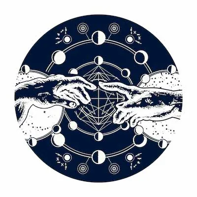 Ilustración de dos manos sobre un círculo con las fases de la luna